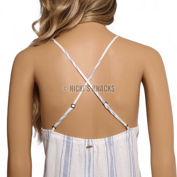 O'Neill White Blue Striped Cotton Mini Dress Ruffle Hem Swing Sundress Size L - Picture 7 of 12